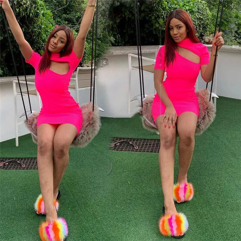 Womens Slides Real Fox Fur Sliders Summer Beach Slippers Sandals Holiday Shoes