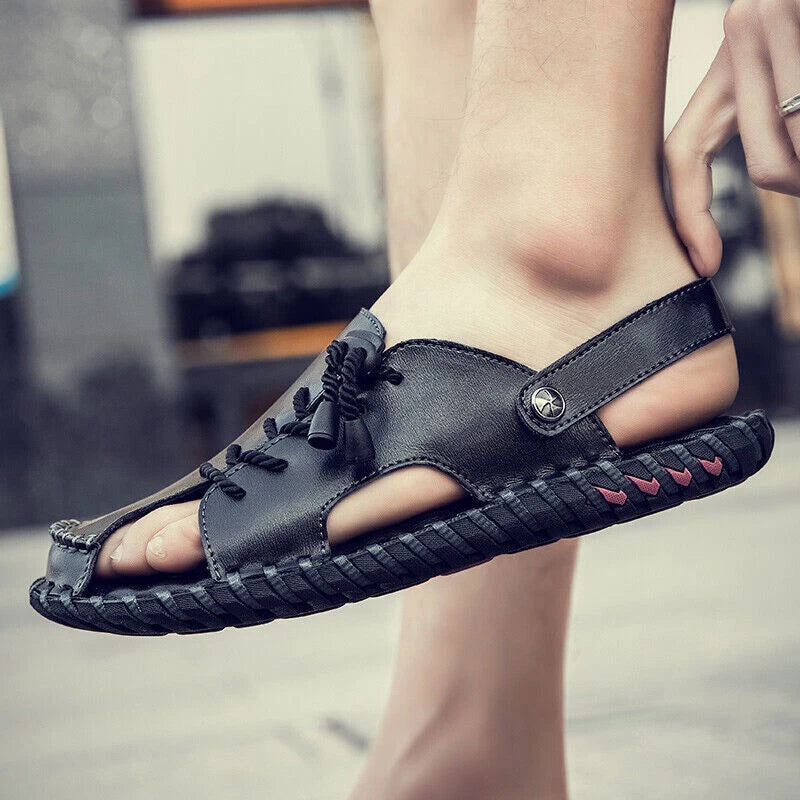 Mens Summer Sports Soft Slippers Genuine Leather Beach Shoes Casual Sandals