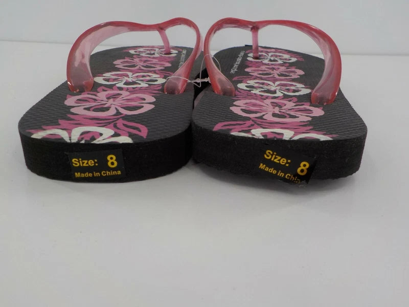 Surfware Hawaiian Classics Flip Flops Slippers SZ 8 Black w/ Pink Hibiscus NWOT