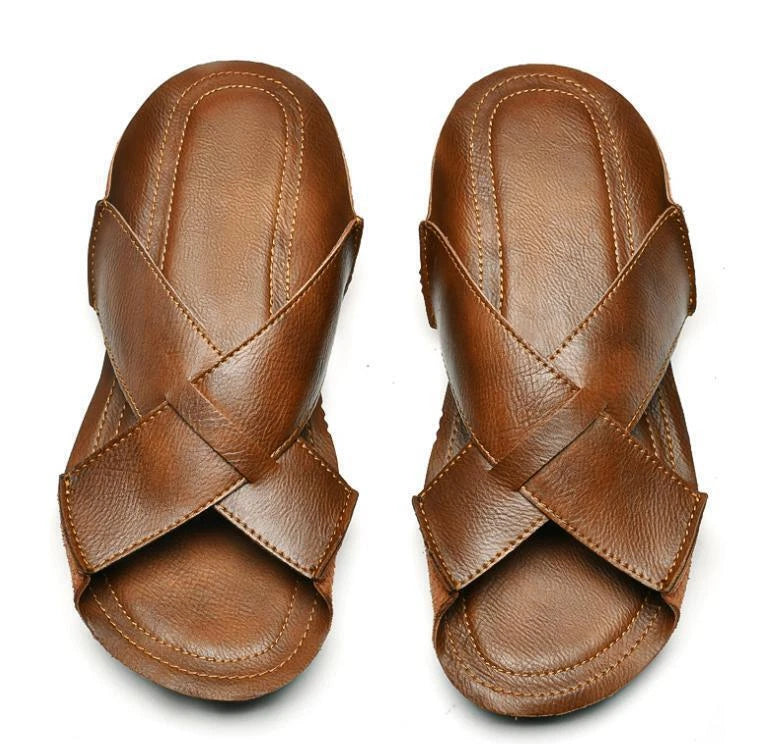 Mens Summer Flat Slip On Sandals Soft Fisherman Shoe Slipper Beach Pump Brown