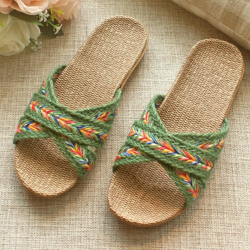Summer Women Men Boho Flax Slippers Sandal Casual Beach Flip Flops Indoor Shoes