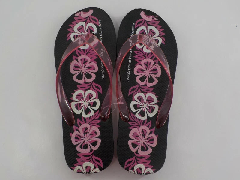 Surfware Hawaiian Classics Flip Flops Slippers SZ 8 Black w/ Pink Hibiscus NWOT