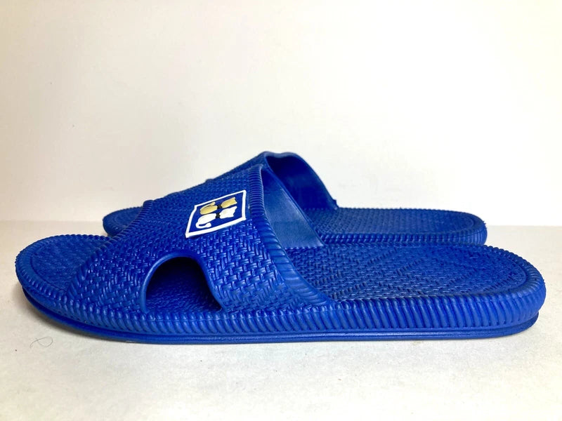 Mens Size 7 Blue Braided Pattern Slides White & Brown Cat Slippers Beach Slides