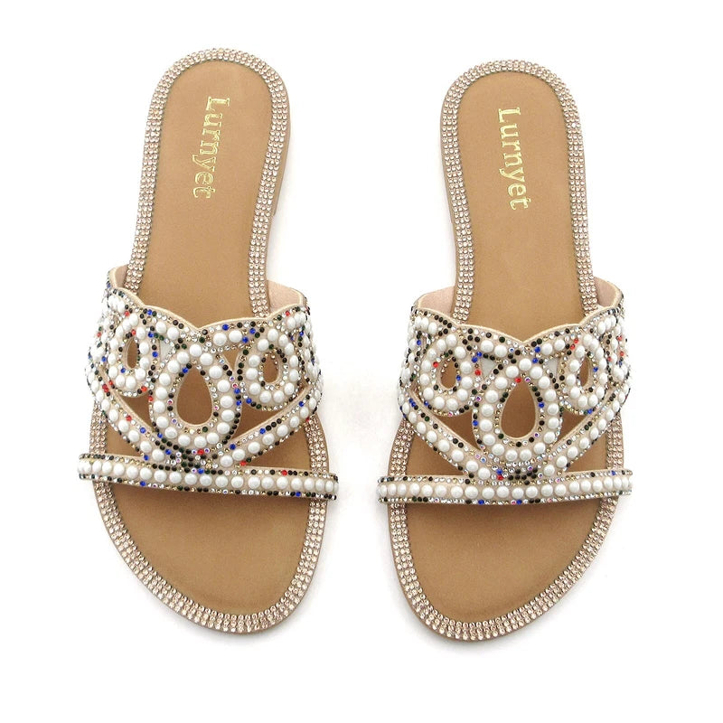 Lumyet Women's Pearl Sandals Rhinestone Embellished Slides, Flat Beach Slippers