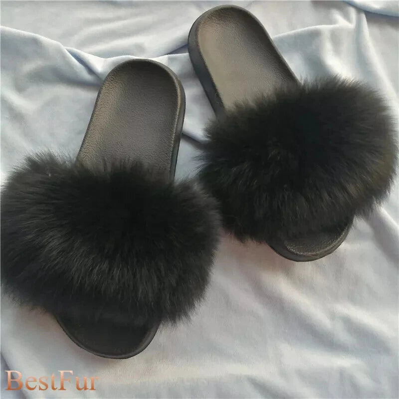 Womens Slides Real Fox Fur Sliders Summer Beach Slippers Sandals Holiday Shoes