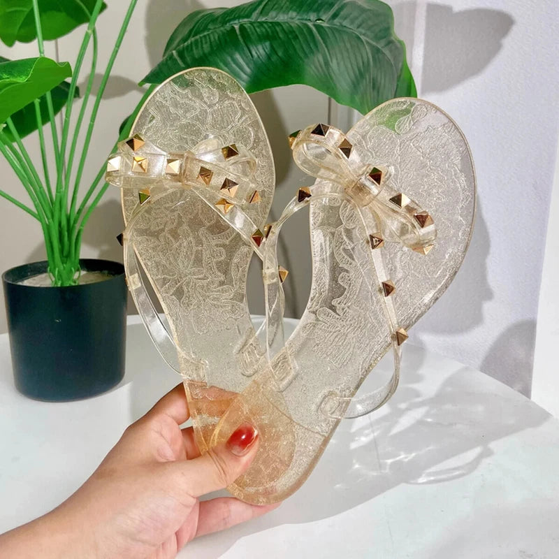 Rivet flip-flops rivet jelly thong sandals bow summer bow flat beach rain boots