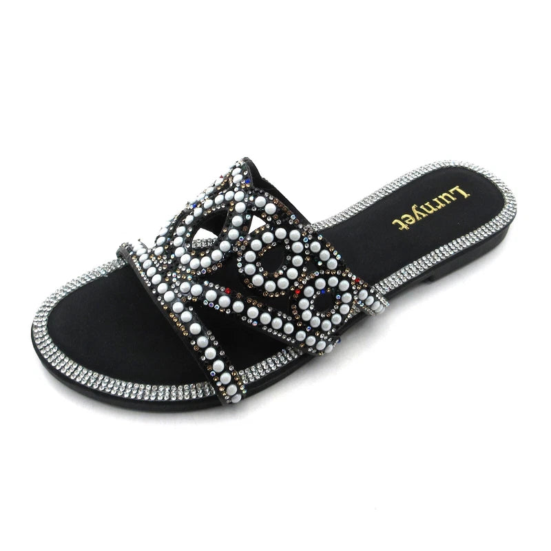 Lumyet Women's Pearl Sandals Rhinestone Embellished Slides, Flat Beach Slippers