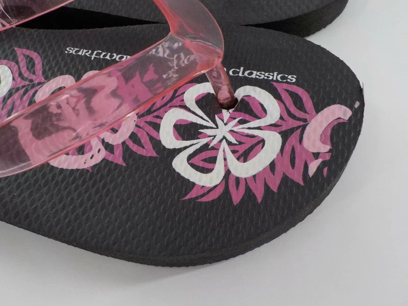 Surfware Hawaiian Classics Flip Flops Slippers SZ 8 Black w/ Pink Hibiscus NWOT