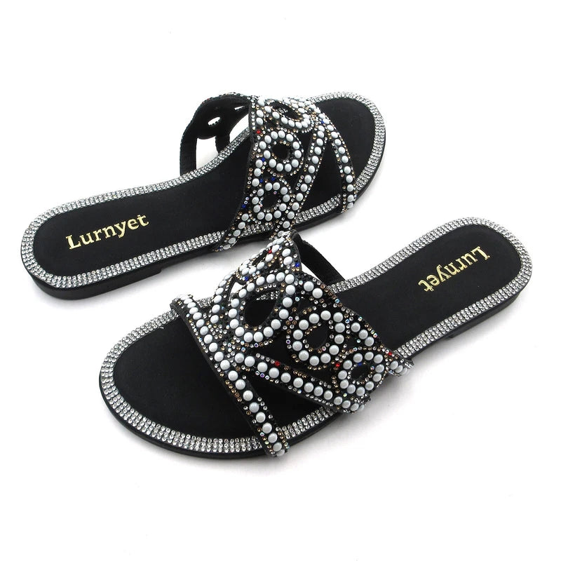 Lumyet Women's Pearl Sandals Rhinestone Embellished Slides, Flat Beach Slippers