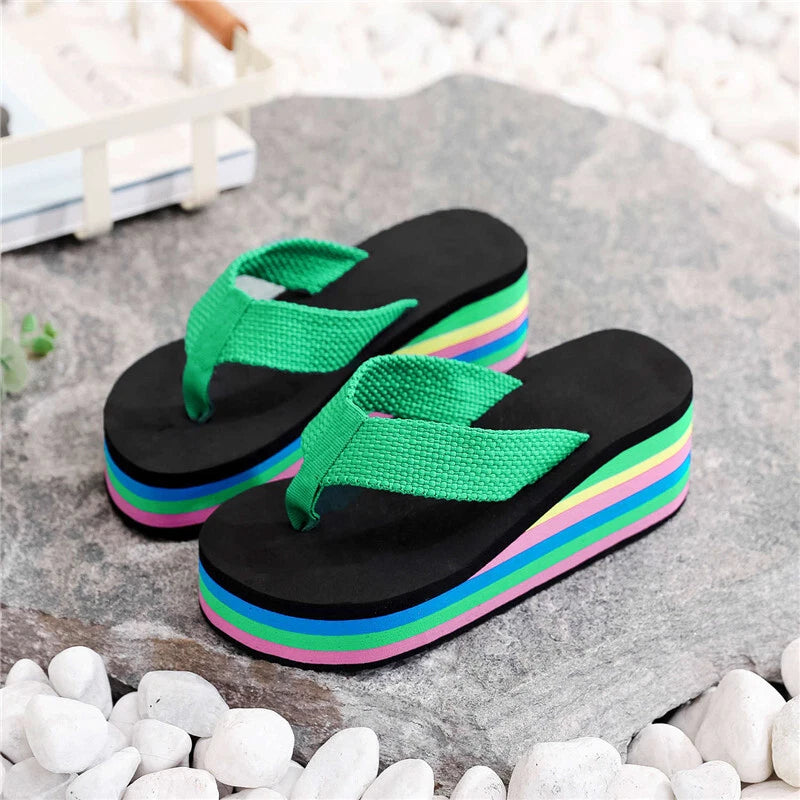 Slippers Flip-Flops Rainbow Sandals High Heels Colorful Casual Beach Women