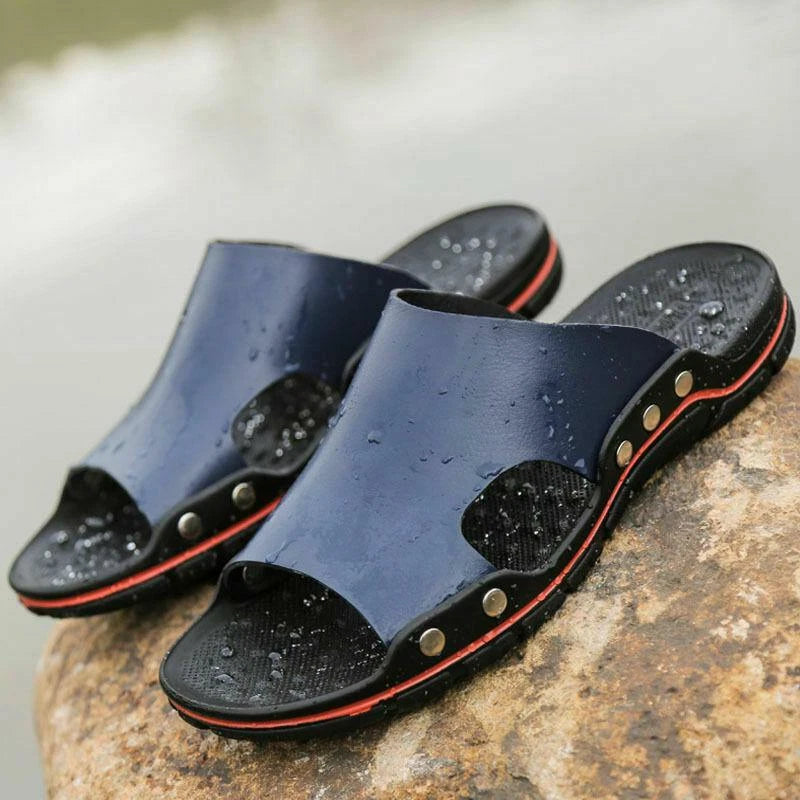 New Mens Summer PU Leather Casual Sandals Beach Shoes Anti-slip Flat Slippers