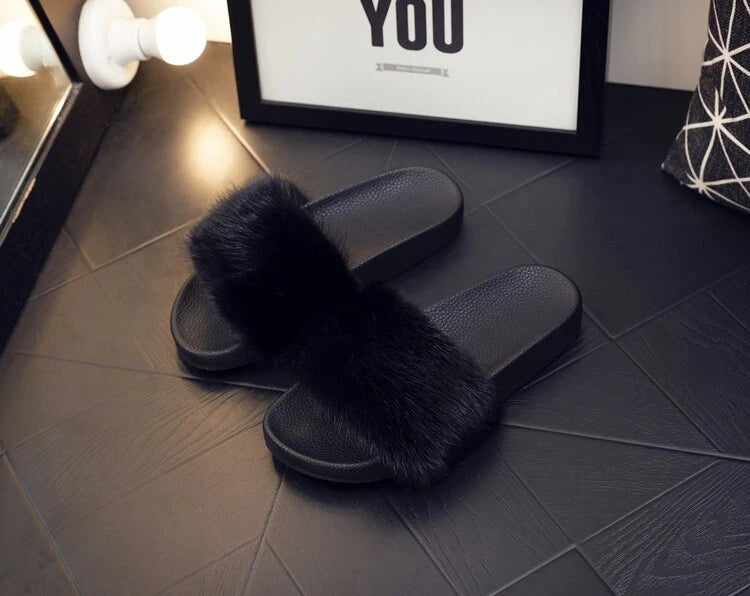 Real Mink Fur Slides Women's Slippers Solid Color Summer Beach Sandals Shoes