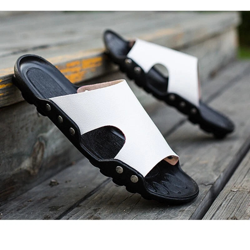 Men PU Leather Flats Casual Sandals Beach Shoes Summer Anti-Slip Slippers Slides