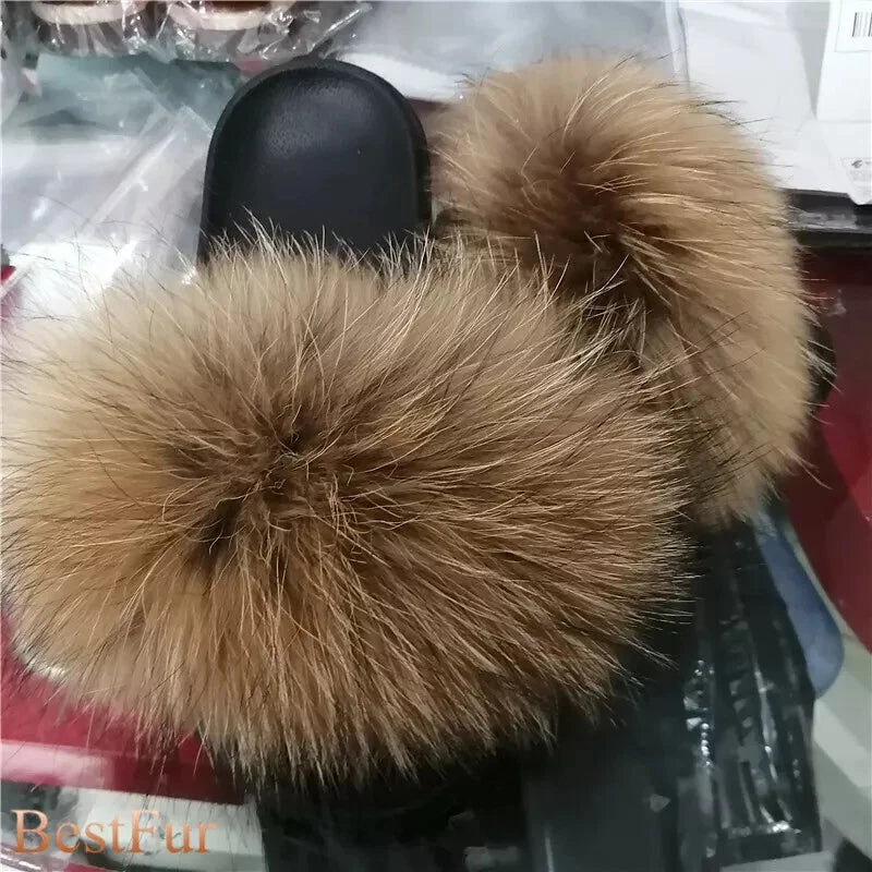 Womens Slides Real Fox Fur Sliders Summer Beach Slippers Sandals Holiday Shoes