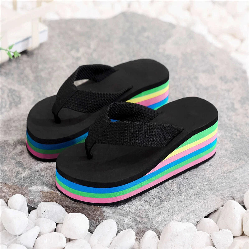 Slippers Flip-Flops Rainbow Sandals High Heels Colorful Casual Beach Women
