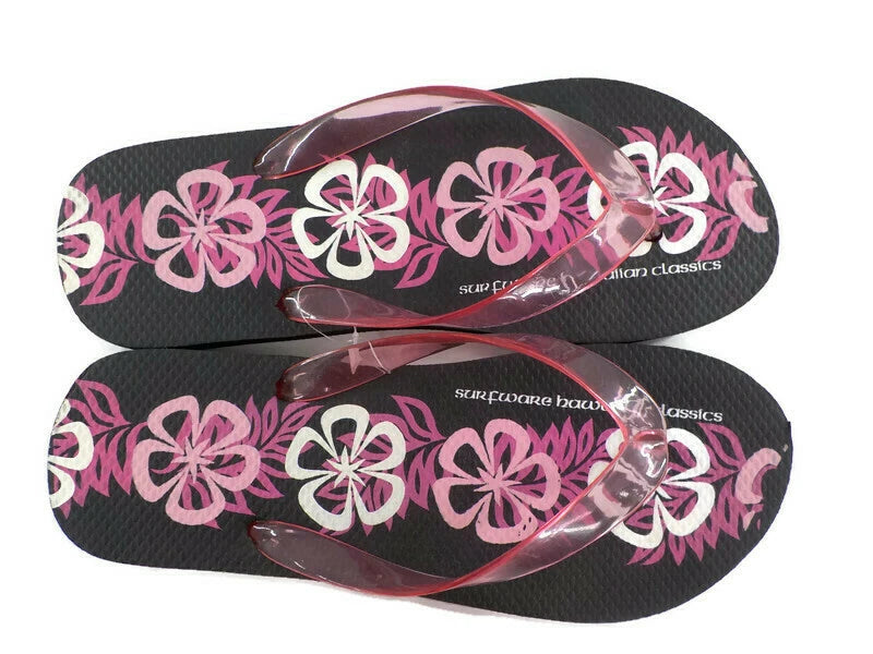 Surfware Hawaiian Classics Flip Flops Slippers SZ 8 Black w/ Pink Hibiscus NWOT