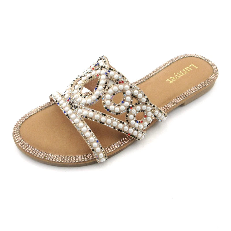 Lumyet Women's Pearl Sandals Rhinestone Embellished Slides, Flat Beach Slippers
