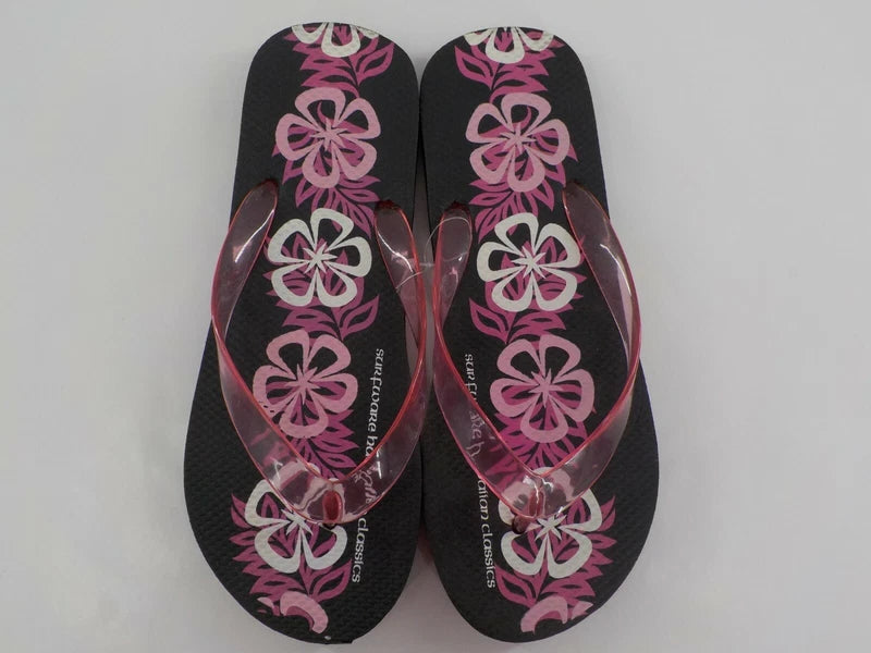 Surfware Hawaiian Classics Flip Flops Slippers SZ 8 Black w/ Pink Hibiscus NWOT