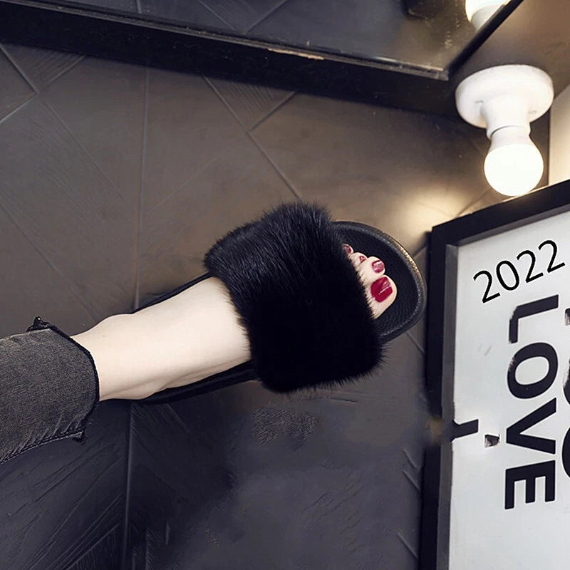 Real Mink Fur Slides Women's Slippers Solid Color Summer Beach Sandals Shoes