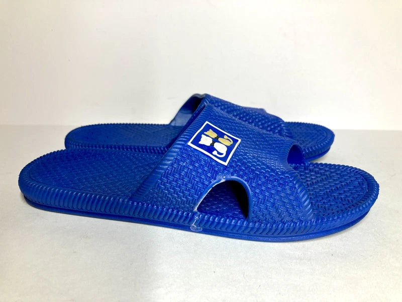 Mens Size 7 Blue Braided Pattern Slides White & Brown Cat Slippers Beach Slides