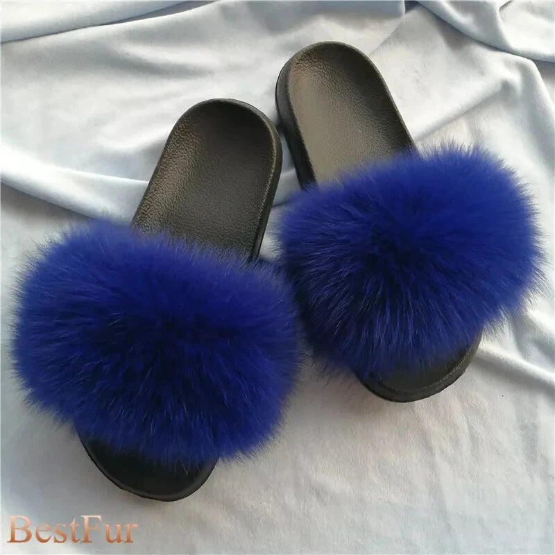 Womens Slides Real Fox Fur Sliders Summer Beach Slippers Sandals Holiday Shoes