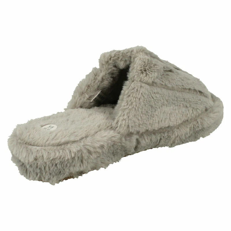 Ladies Faux Fur Striped Detail Sliders / Slippers : X2R119