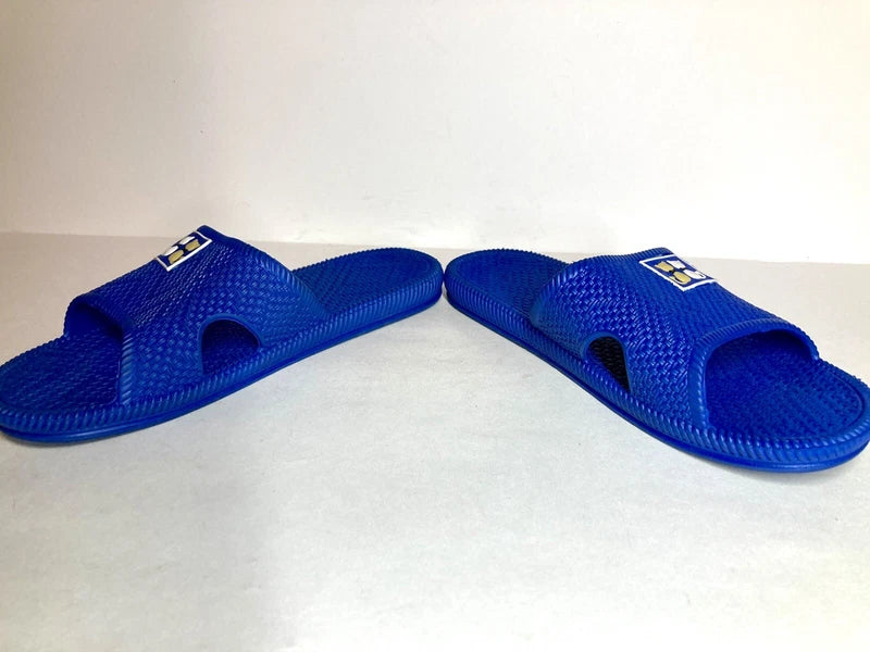 Mens Size 7 Blue Braided Pattern Slides White & Brown Cat Slippers Beach Slides