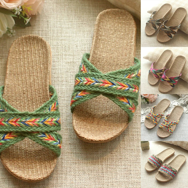 Summer Women Men Boho Flax Slippers Sandal Casual Beach Flip Flops Indoor Shoes