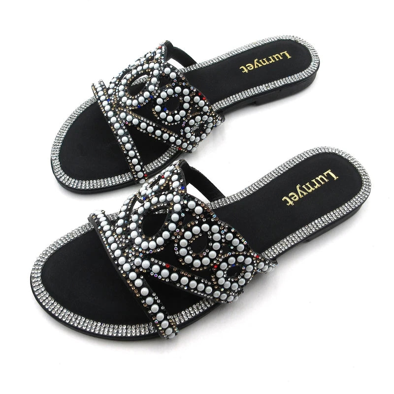 Lumyet Women's Pearl Sandals Rhinestone Embellished Slides, Flat Beach Slippers
