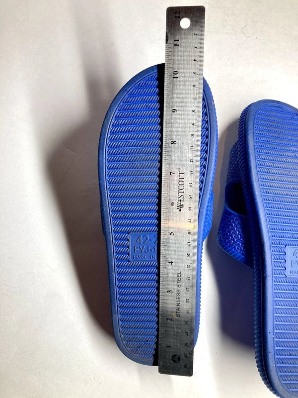 Mens Size 7 Blue Braided Pattern Slides White & Brown Cat Slippers Beach Slides