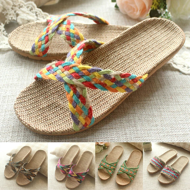 Summer Women Men Boho Flax Slippers Sandal Casual Beach Flip Flops Indoor Shoes