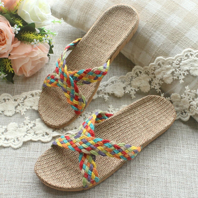 Summer Women Men Boho Flax Slippers Sandal Casual Beach Flip Flops Indoor Shoes