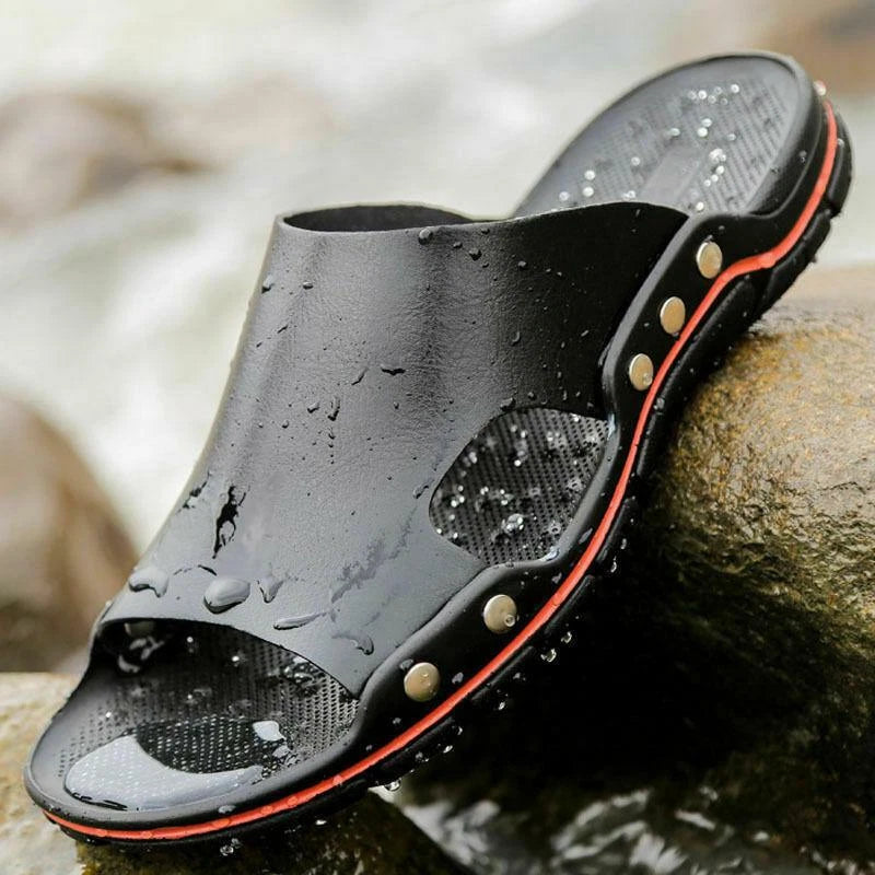 New Mens Summer PU Leather Casual Sandals Beach Shoes Anti-slip Flat Slippers