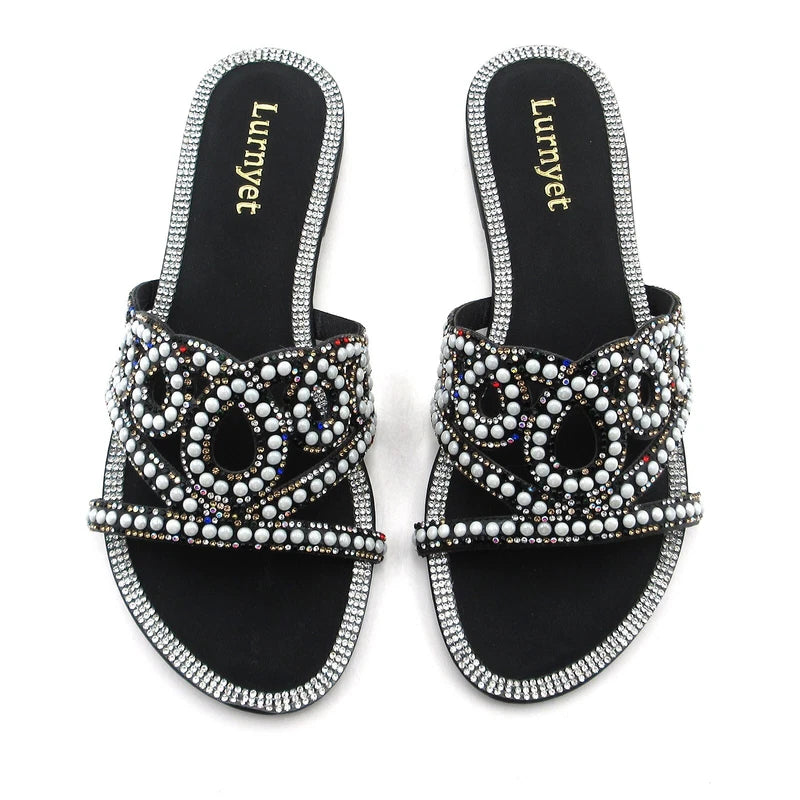 Lumyet Women's Pearl Sandals Rhinestone Embellished Slides, Flat Beach Slippers