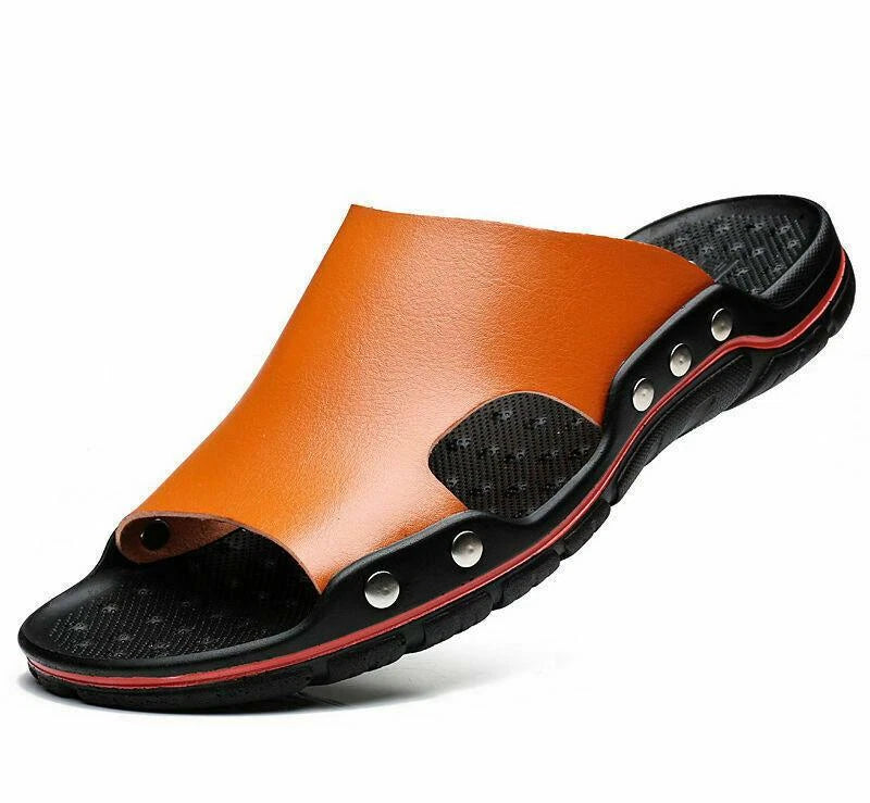 New Mens Summer PU Leather Casual Sandals Beach Shoes Anti-slip Flat Slippers
