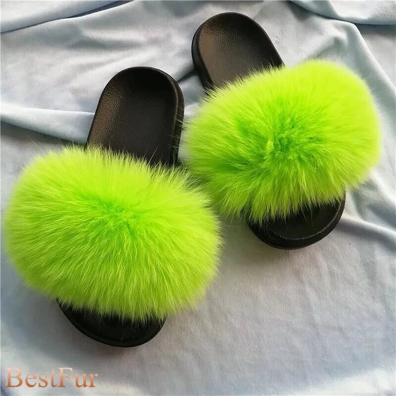 Womens Slides Real Fox Fur Sliders Summer Beach Slippers Sandals Holiday Shoes