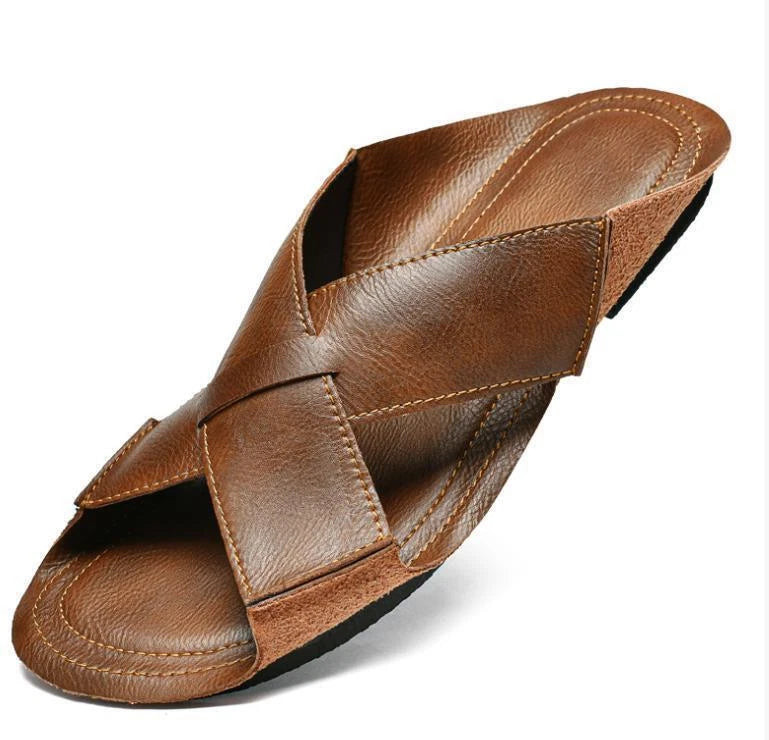 Mens Summer Flat Slip On Sandals Soft Fisherman Shoe Slipper Beach Pump Brown