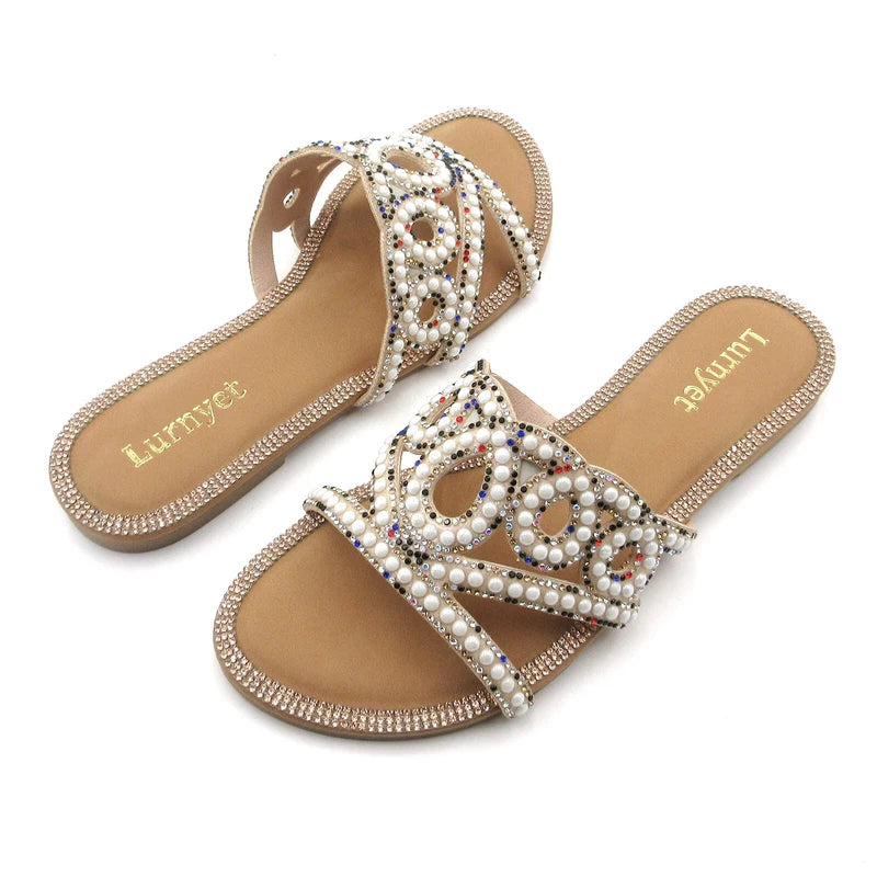 Lumyet Women's Pearl Sandals Rhinestone Embellished Slides, Flat Beach Slippers