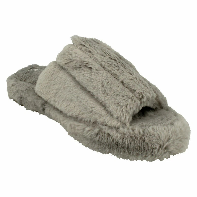 Ladies Faux Fur Striped Detail Sliders / Slippers : X2R119