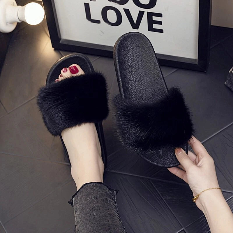 Real Mink Fur Slides Women's Slippers Solid Color Summer Beach Sandals Shoes