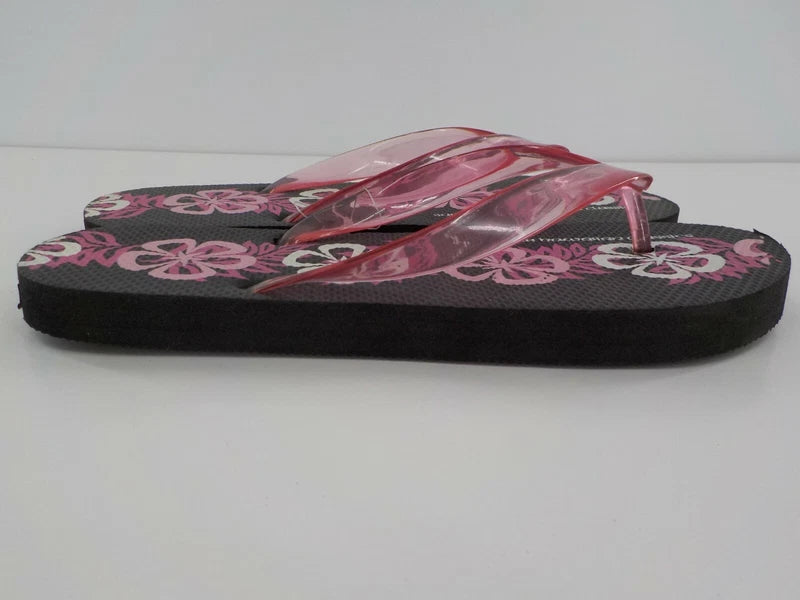 Surfware Hawaiian Classics Flip Flops Slippers SZ 8 Black w/ Pink Hibiscus NWOT