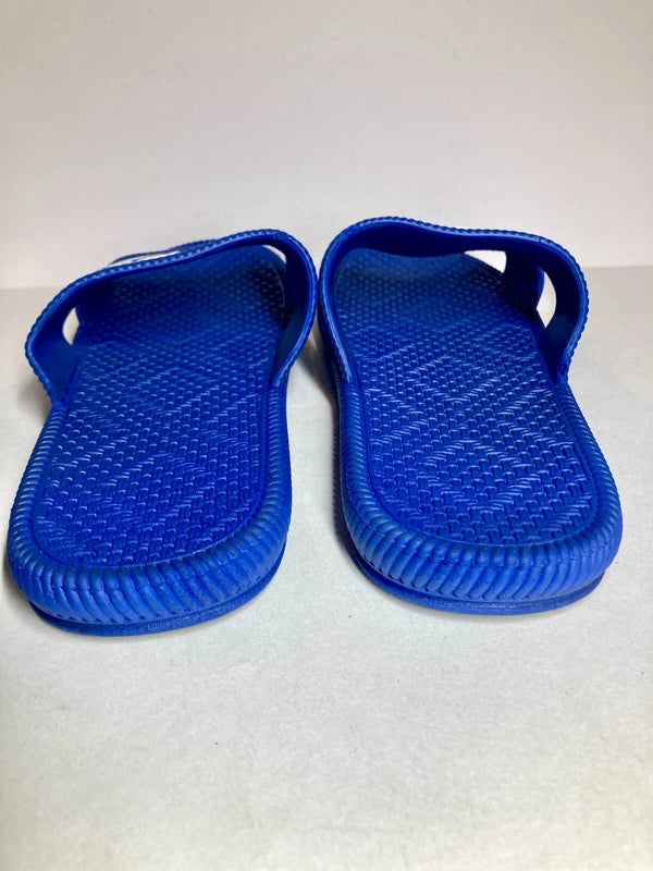 Mens Size 7 Blue Braided Pattern Slides White & Brown Cat Slippers Beach Slides