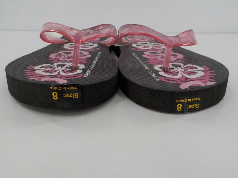 Surfware Hawaiian Classics Flip Flops Slippers SZ 8 Black w/ Pink Hibiscus NWOT