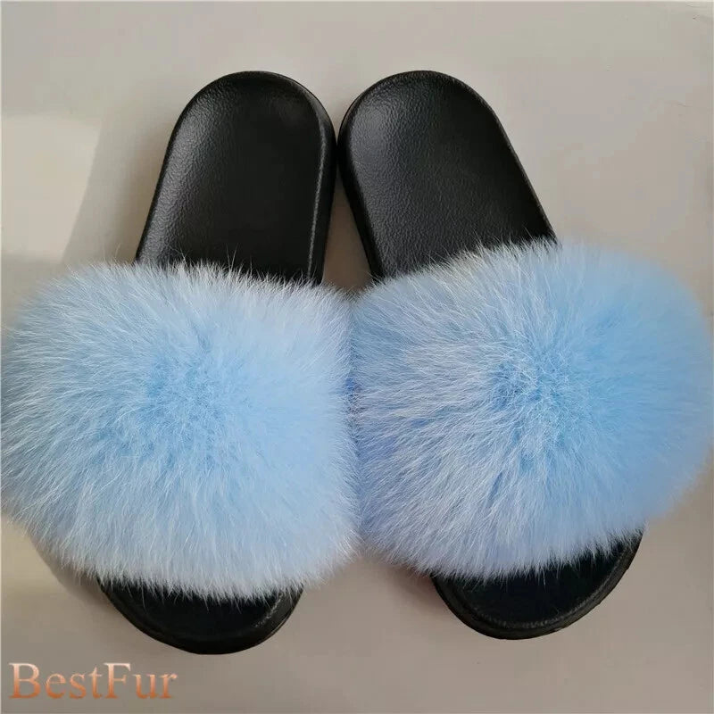 Womens Slides Real Fox Fur Sliders Summer Beach Slippers Sandals Holiday Shoes