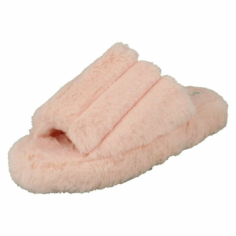 Ladies Faux Fur Striped Detail Sliders / Slippers : X2R119