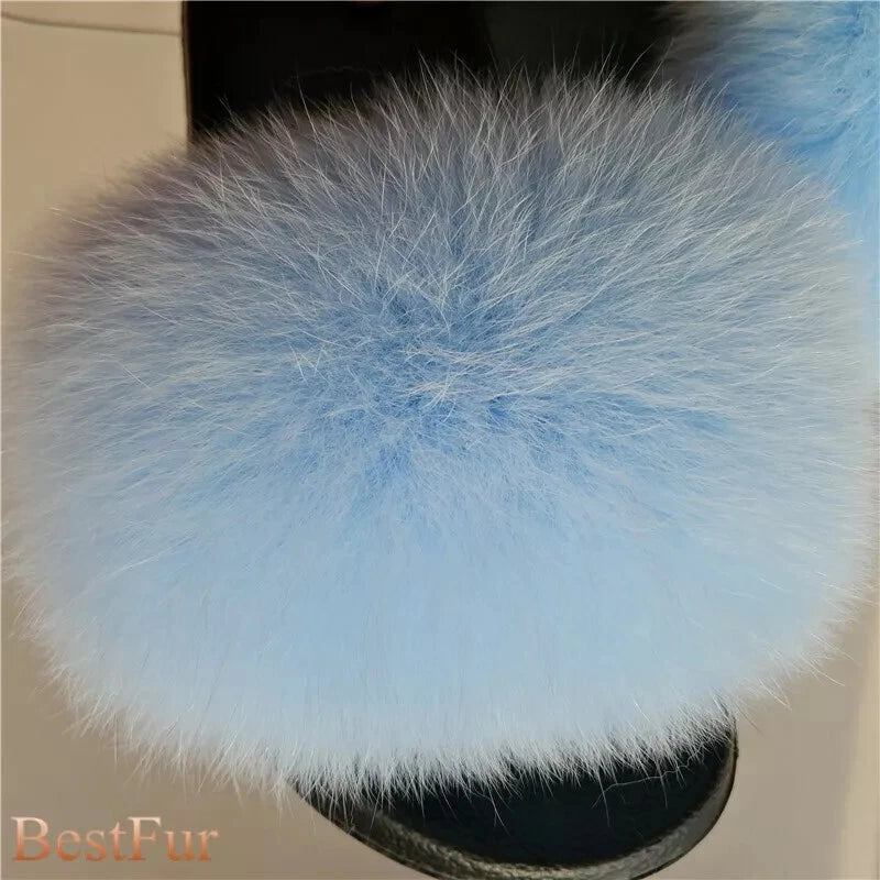 Womens Slides Real Fox Fur Sliders Summer Beach Slippers Sandals Holiday Shoes